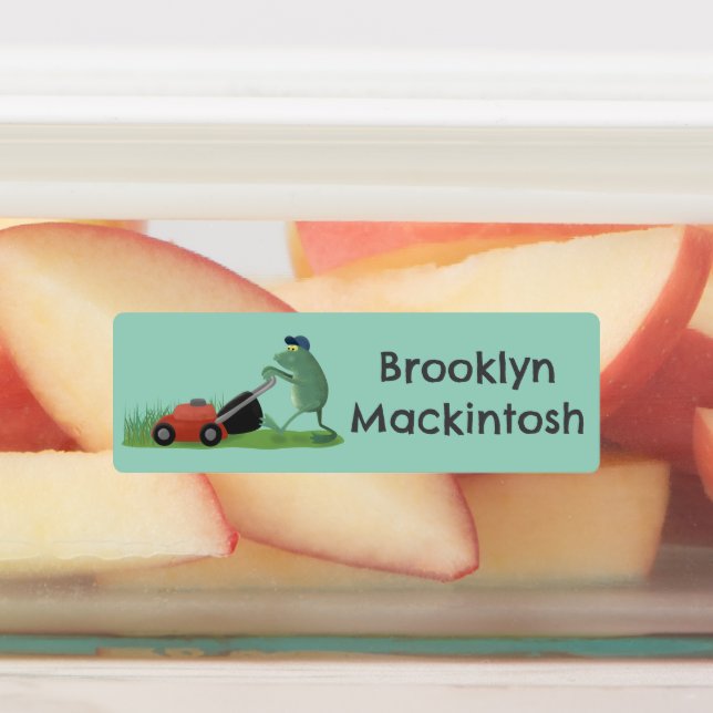 Étiquettes Drôle grenouille verte tondre la pelouse dessin pe (Apposé)