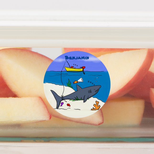 Étiquettes Drôle requin couché et dessin animé de pêche (Apposé)