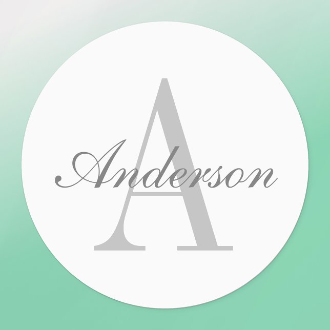 Étiquettes Élégant Monogramme blanc et gris | étanche (Créateur téléchargé)