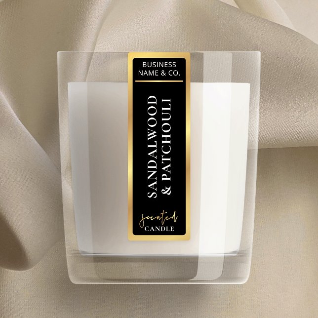Étiquettes Élégante Bougie de démonstration simple en noir et (Elegant black and gold border vertical candle jar labels that are sure to impress)
