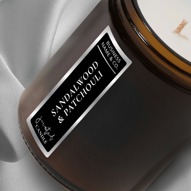 Étiquettes Élégante Bougie simple en noir et argent tamper (Modern black and silver thin vertical candle jar sticker with faux chrome metallic effects)