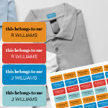 Étiquettes Enfant Nom du vêtement pour enfants Cela appartient à moi<br><div class="desc">Étiquettes personnalisés pour vêtements d'enfants et uniformes scolaires. Vous pouvez ajouter jusqu'à 4 noms différents à ces étiquettes lavables. Le texte dit "cela m'appartient" dans la typographie moderne en minuscules suivie du nom de votre enfant. Le set a une palette de couleurs cool d'orange,  bleu,  rouge et aqua.</div>
