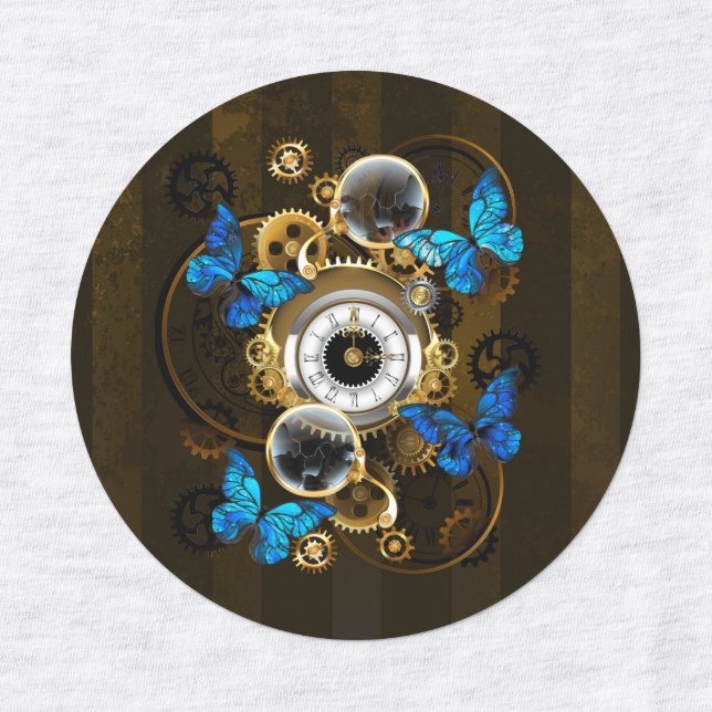 Étiquettes Engrenages à vapeur et papillons bleus (Design 1)