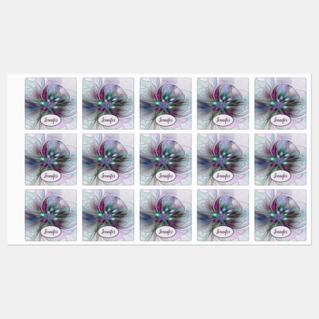 Étiquettes Fantaisie Abstraite Fleur Fractale Colorée Propre  (Feuille)