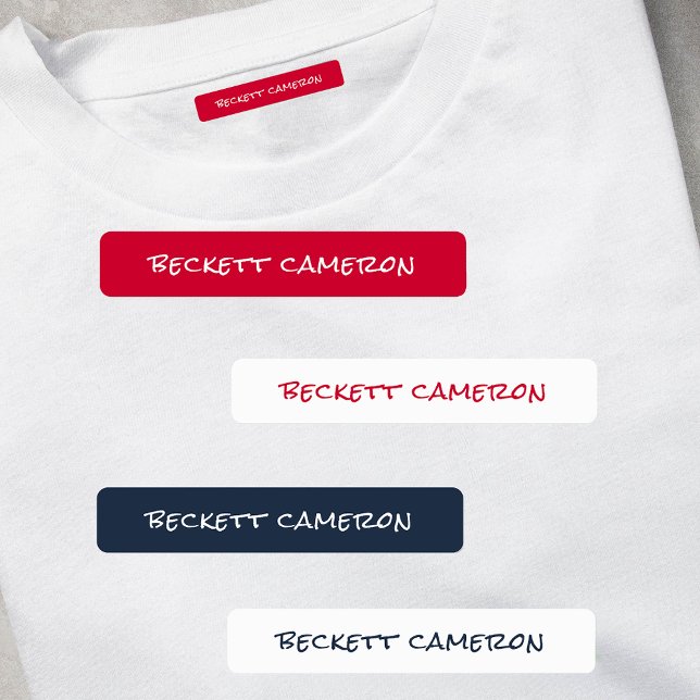 Étiquettes Fer Bleu Rouge Sur Vêtements (1.75" x .3125" clothing labels iron-on or adhesive, 2 sheets of 48 labels, USE 1 OR up to 4 NAMES)