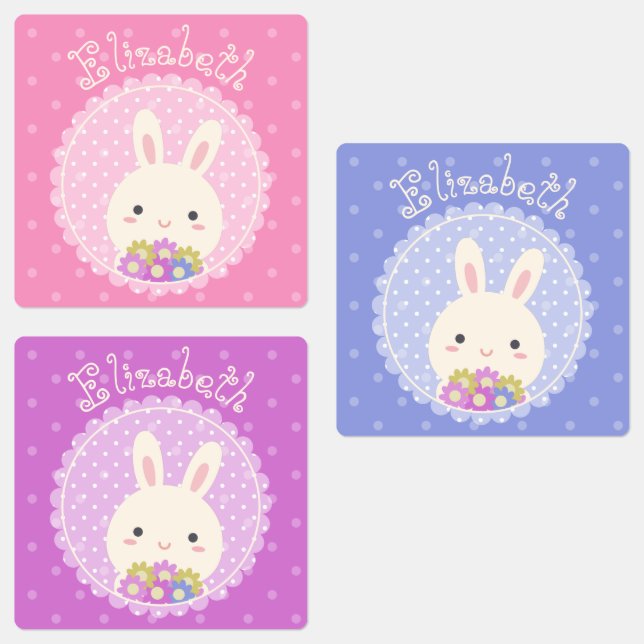 Étiquettes Fille rose mignonne Kawaii Bunny & Fleurs Nom Pers (Groupe)