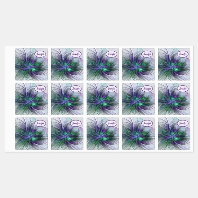 Étiquettes Fleur Abstraite Moderne Fractale Violette Verte No (Feuille)