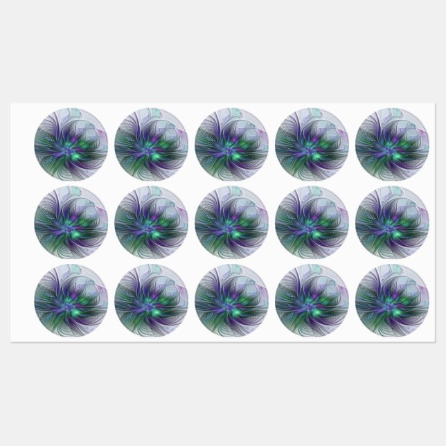 Étiquettes Fleur verte abstraite moderne fractale violette (Feuille)