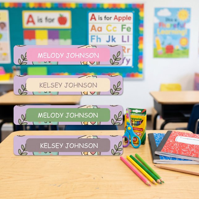 Étiquettes Fournitures scolaires motif fille codé par couleur (Créateur téléchargé)