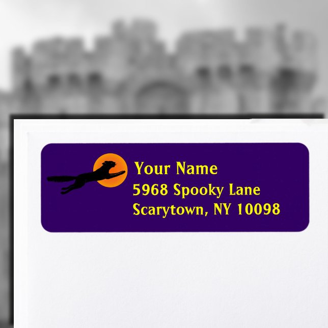 Étiquettes Halloween Violet Lune Orange Chat Noir (Black Cat Orange Moon Purple Halloween Return Address Labels)