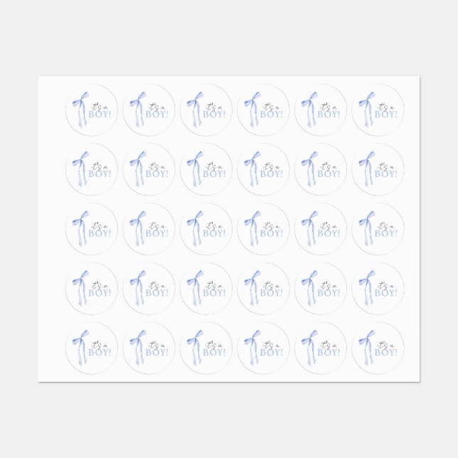 Étiquettes Invitation à la baby shower avec un nœud bleu, Inv (Feuille)