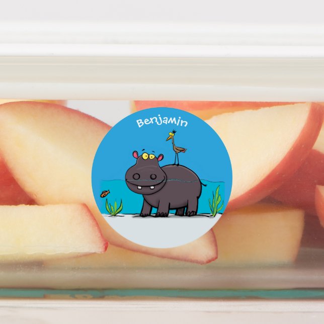 Étiquettes Ippopotame drôle mignon avec dessin animé d'oiseau (Apposé)