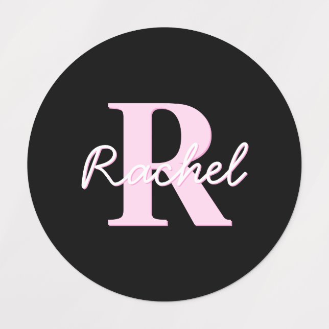 Étiquettes Joli monogramme personnalisable | Rose clair et no (Design 1)