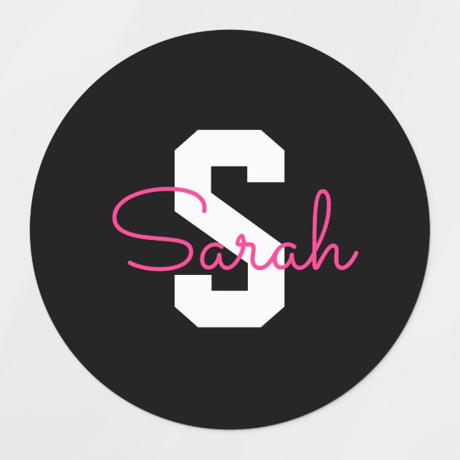 Étiquettes Joli nom et monogramme | Noir Blanc et Rose (Design 3)