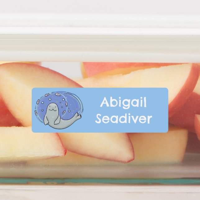 Étiquettes Joli phoque heureux et caricature bleu poisson per (Apposé)