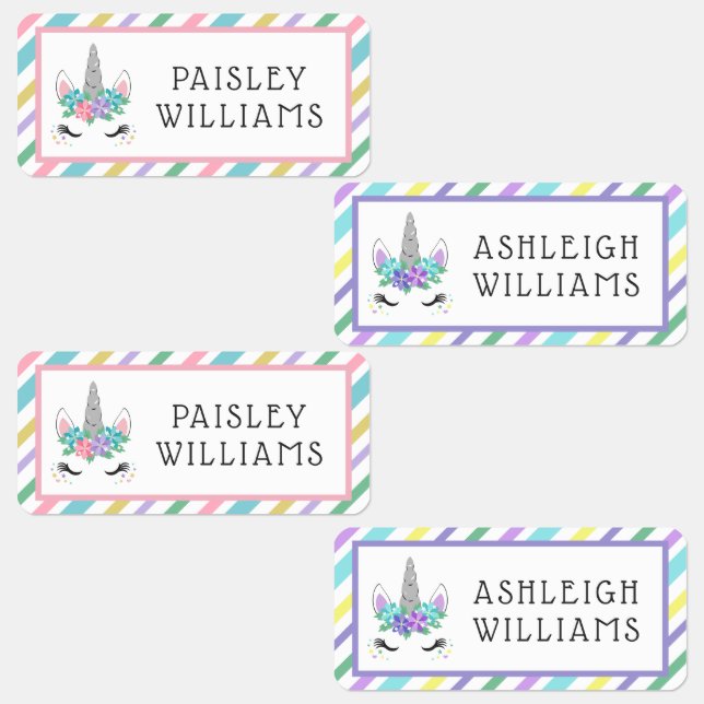 Étiquettes Jolie Unicorne Florale Ajouter Votre Nom (Groupe)