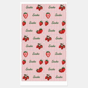 Étiquettes Jolies Fraises Roses & École Nom Rayures