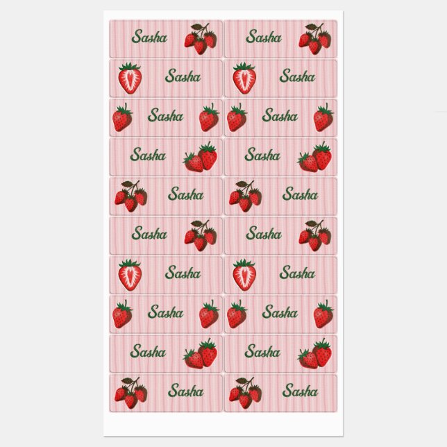Étiquettes Jolies Fraises Roses & École Nom Rayures (Feuille)