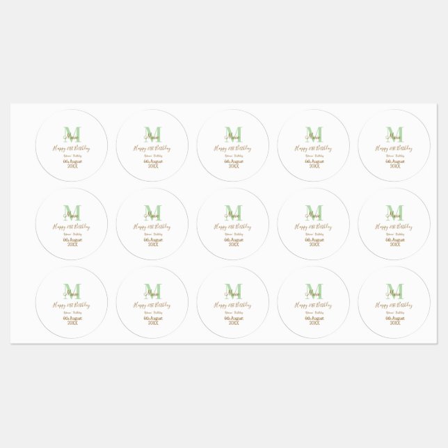 Étiquettes Joyeux 21e Anniversaire vert ajouter nom monogramm (Feuille)