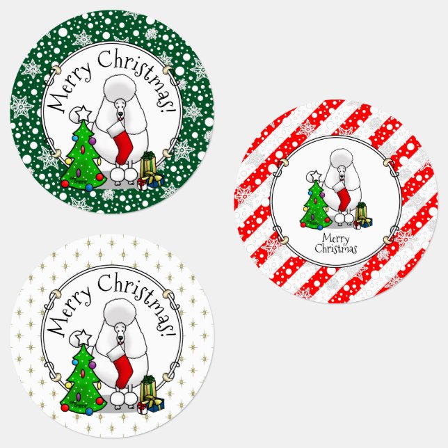 Étiquettes Joyeux sapin de Noël 2 caniche (blanc) chien migno (Groupe)