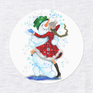 Étiquettes Joyeux Snowman et Fille Dance Tango fête de Noël