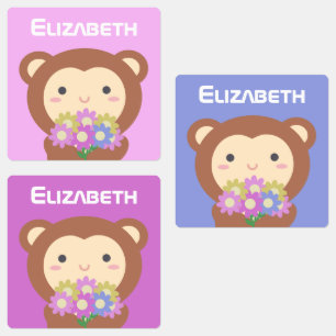 Étiquettes Kawaii Cute Cartoon Monkey Fleurs colorées Enfants