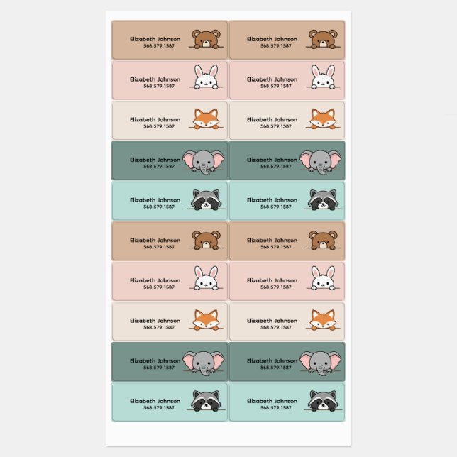 Étiquettes Kids Cute Animals Cartoon Name School (Feuille)