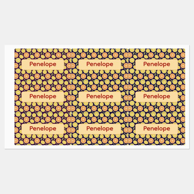 Étiquettes Lemon yellow purple pattern Labels with name (Feuille)