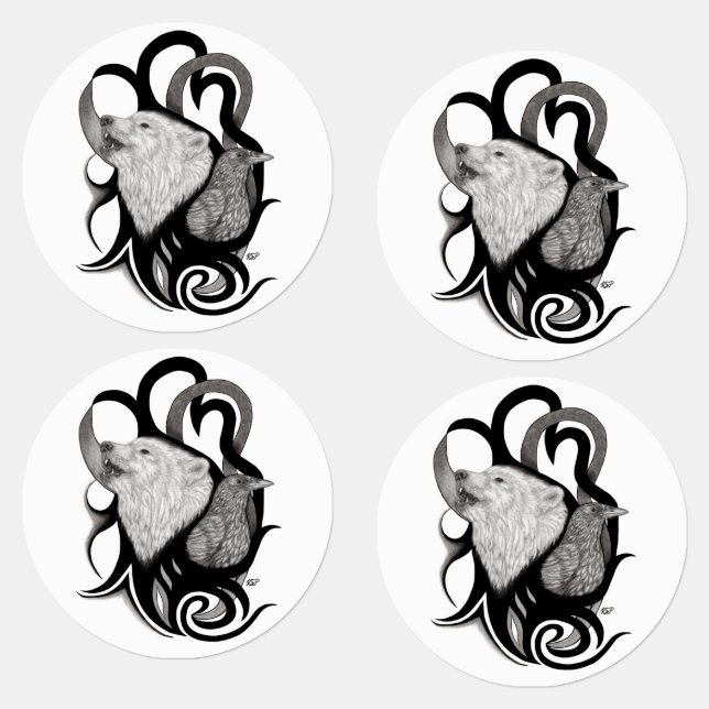 Étiquettes Loup blanc avec art tribal coréen (Groupe)