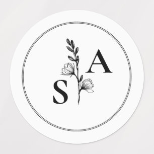 Étiquettes Mariage Fleur sauvage minimaliste BW Monogram