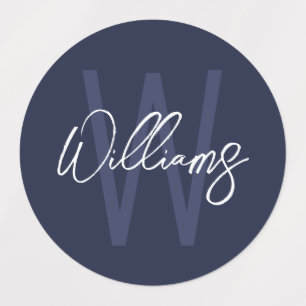 Étiquettes Monogramme et nom personnalisés de Navy Blue Scrip