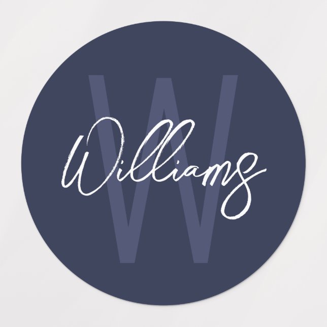 Étiquettes Monogramme et nom personnalisés de Navy Blue Scrip (Design 1)