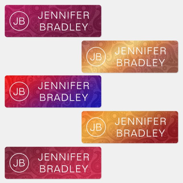 Étiquettes Monogramme Nom Luxe Rouge or Motif Paisley (Groupe)