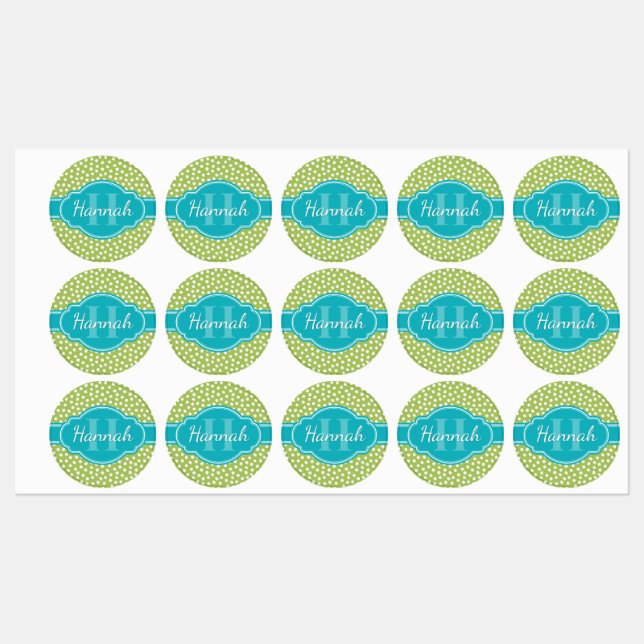 Étiquettes Monogramme Turquoise de Motif blanc vert (Feuille)