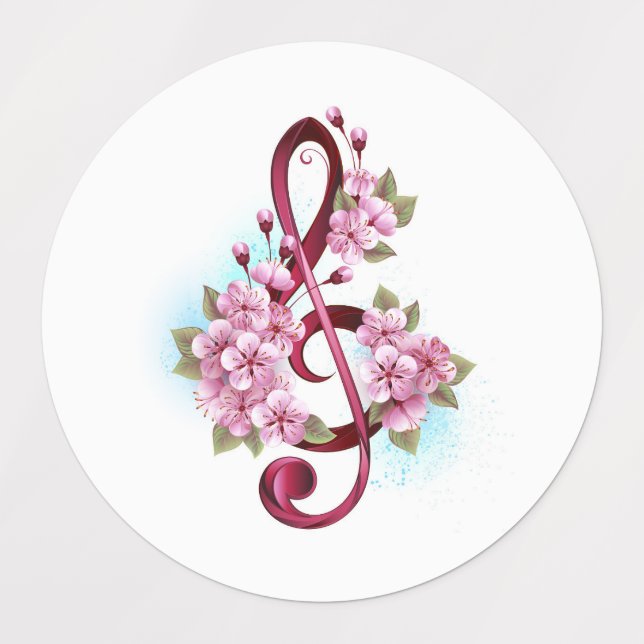 Étiquettes Musical treble clef notes with sakura flowers (Design 1)
