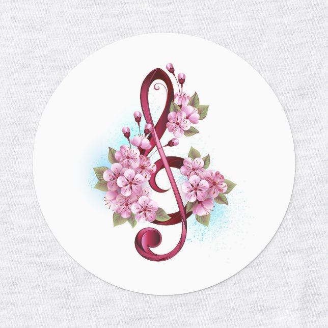 Étiquettes Musical treble clef notes with sakura flowers (Design 1)