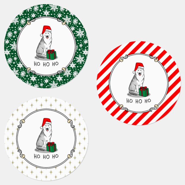 Étiquettes Noël Santa Hat Sibérien Husky (argent) mignonne (Groupe)