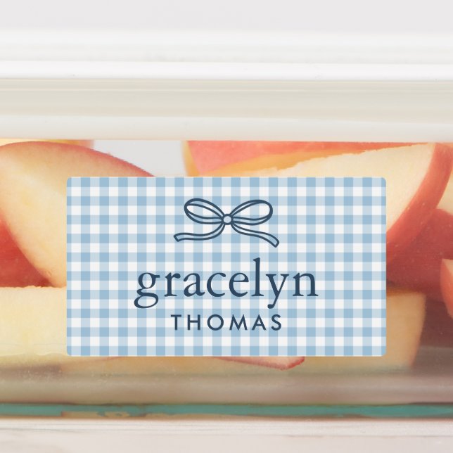 Étiquettes Nœud Monogramme Gingham Bleu Ciel (Apposé)