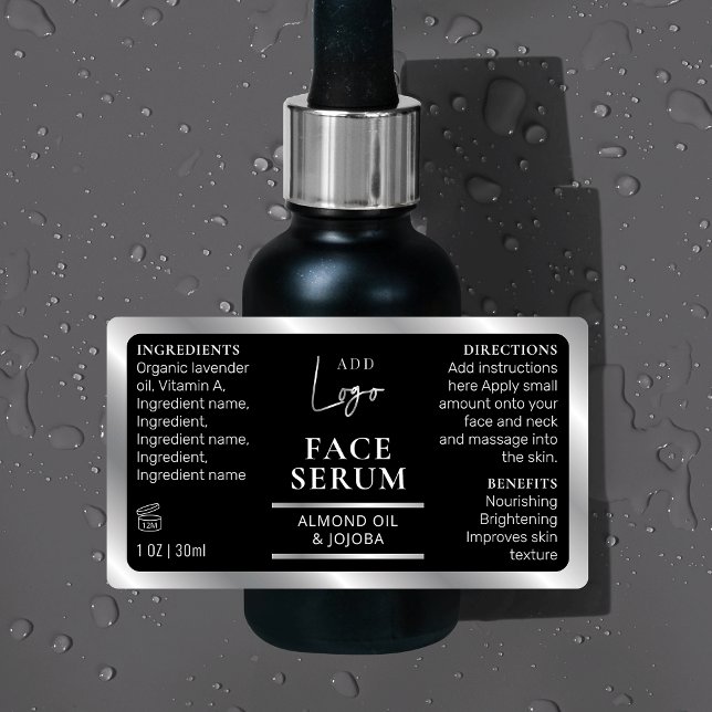 Étiquettes Noir Argent 1 OZ 30ml Flacon Cosmétique Étanche (Modern black and silver 1 OZ dropper bottle waterproof label *verify size*)