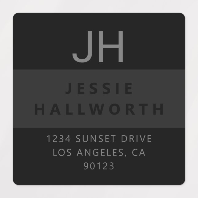 Étiquettes Noir & Gris Design Moderne Monogramme étanche (Design 3)