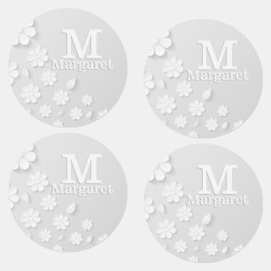 Étiquettes Nom à relief floral blanc initiales personnalisées