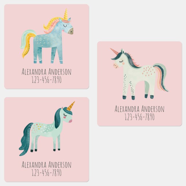 Étiquettes Nom de fille licorne aquarelle mignonne (Groupe)