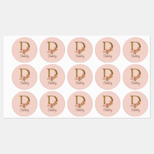 Étiquettes Nom personnalisé Blush Roses Roses Lettre D en feu