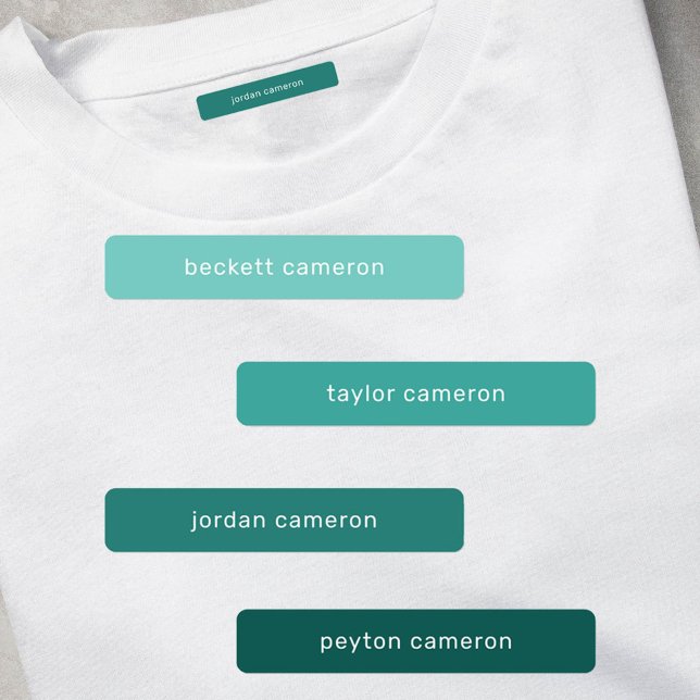Étiquettes Nom sur adhésif Turquoise étanche (1.75" x .3125" clothing labels iron-on or adhesive, 2 sheets of 48 labels, USE 1 OR up to 4 NAMES)