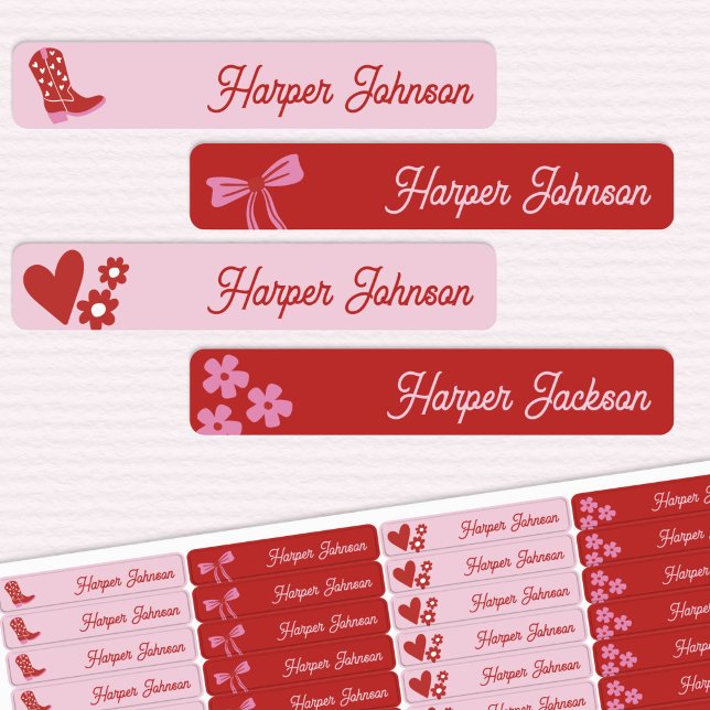 Étiquettes nominatives imperméables pour enfants C (Personalized Coquette Cowgirl kids name labels in pink and red)