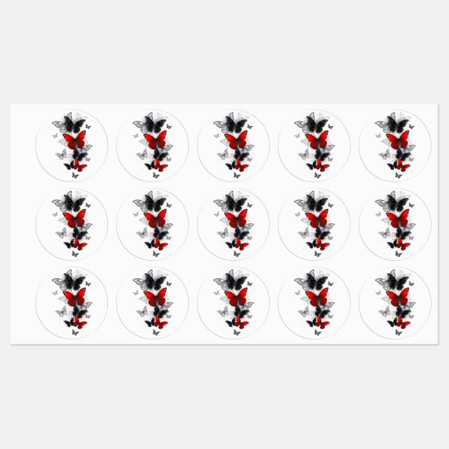 Étiquettes Papillons noirs et rouges volants (Feuille)