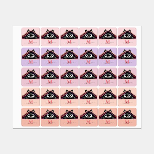 Étiquettes Peek-a-Boo Kitten Script Name Monogram Girls' (Feuille)