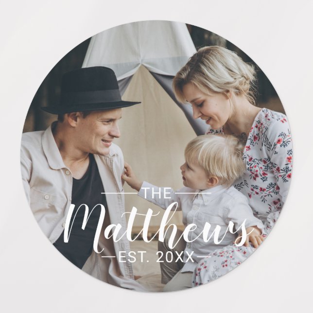 Étiquettes Photo personnalisée avec nom de famille et année d (Design 1)
