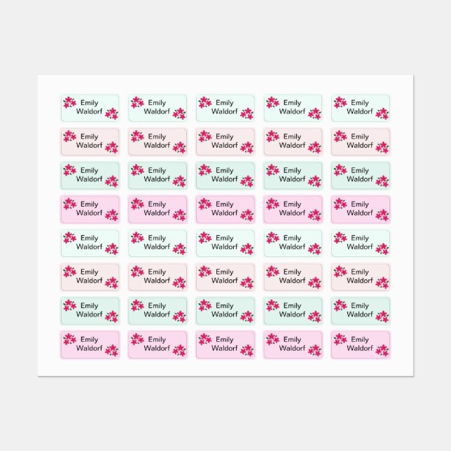 Étiquettes Pink Flowers Kids' Name Clothing School Labels (Feuille)
