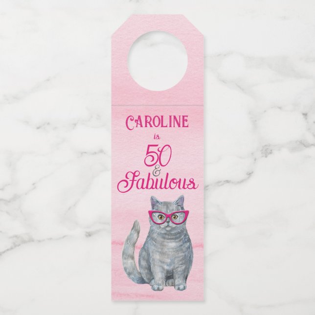 Étiquettes Pour Bouteilles 50 ans et Fabuleux Chat, Rose et Gris, 50e Anniver (Devant)